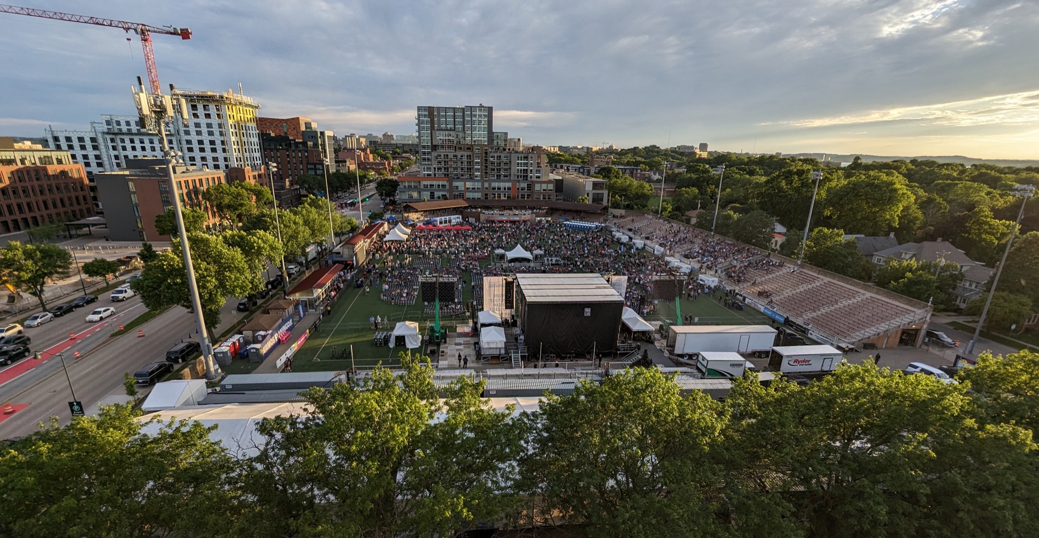 &lt;# View from up high over Breese stadium and the city of Madison behind it #&gt;