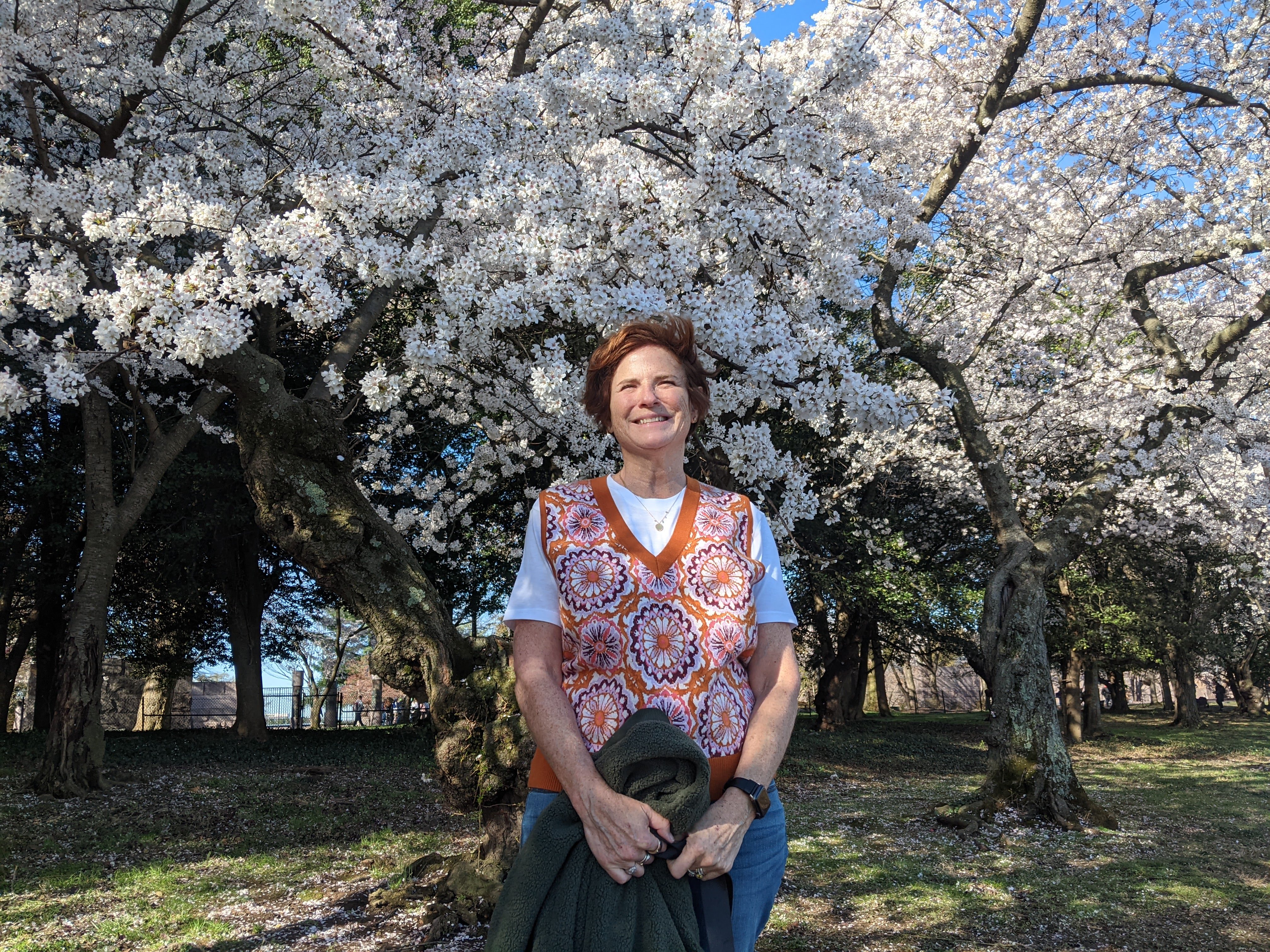 &lt;# Audrey under a blossoming cherry tree #&gt;