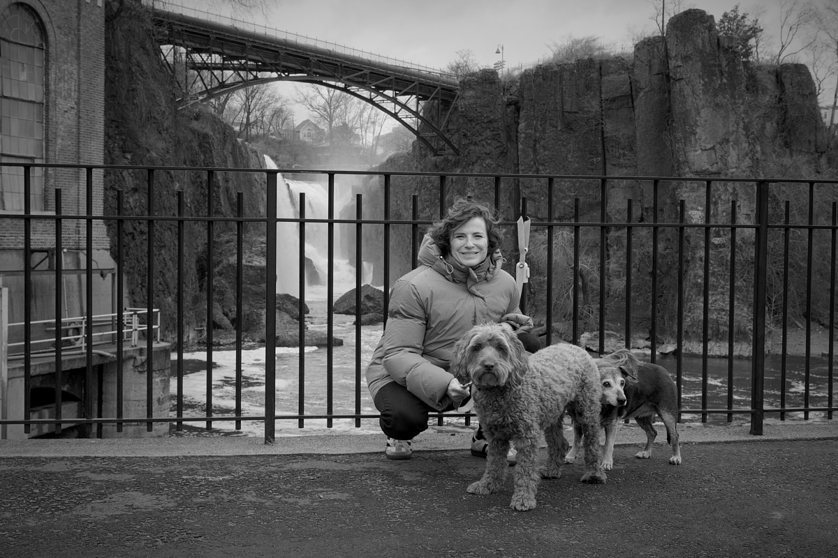 Audrey and dogs on the path in front of Paterson Falls